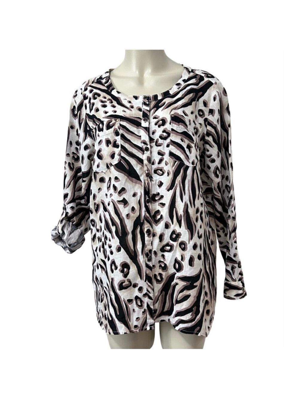 JM Collection Linen Animal Print Button Down Shirt White Black Brown 12